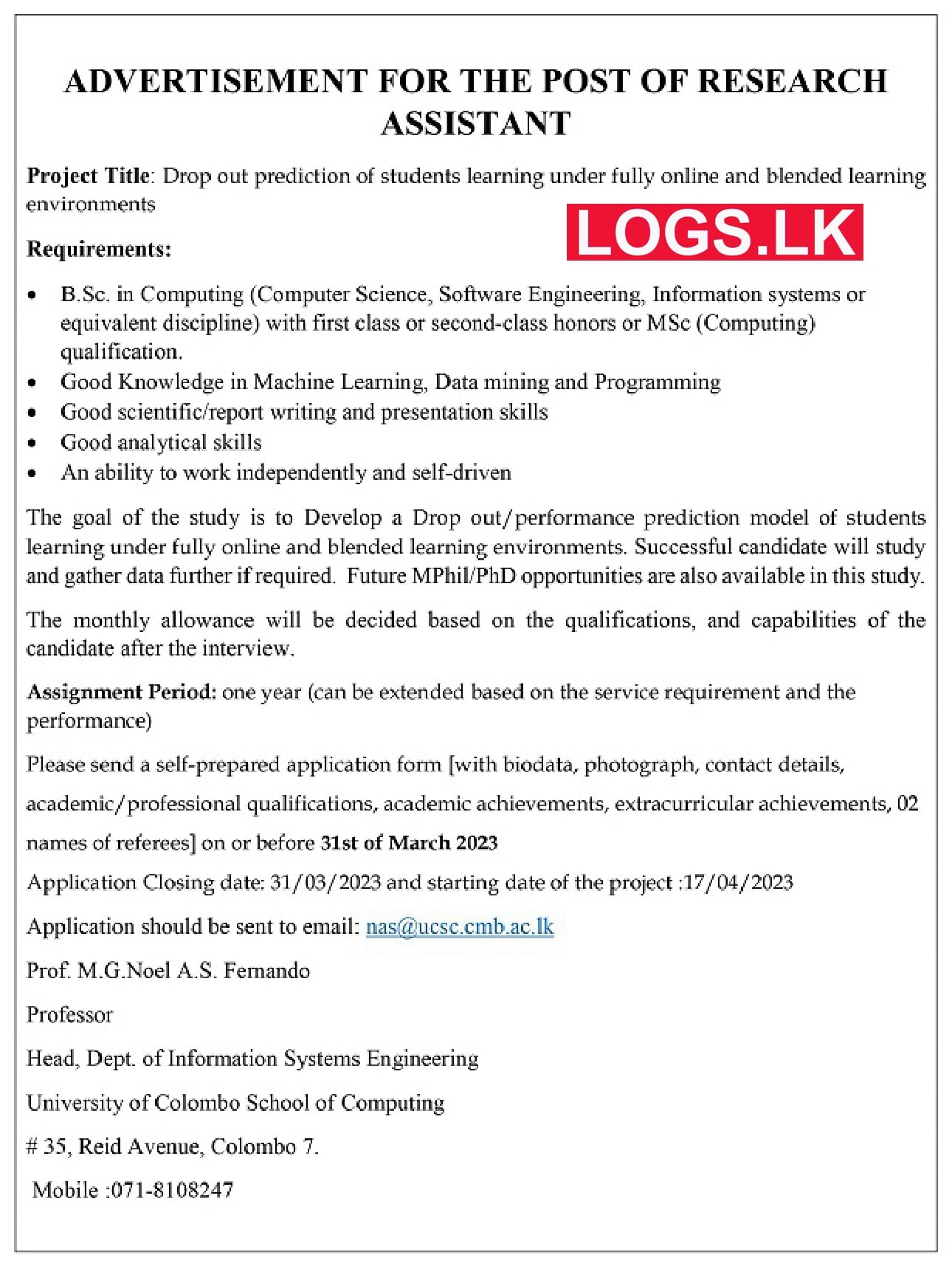 research assistant vacancies in university of colombo